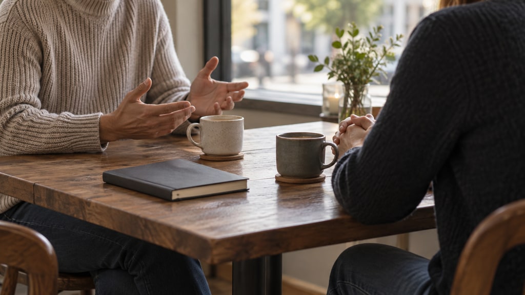 Two people seated across a wooden café table converse with hands gesturing beside two mugs and a closed notebook.