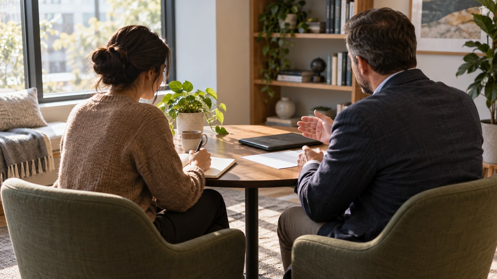Two people seen from behind sit across a round table; one takes notes while the other gestures beside papers and a closed laptop.