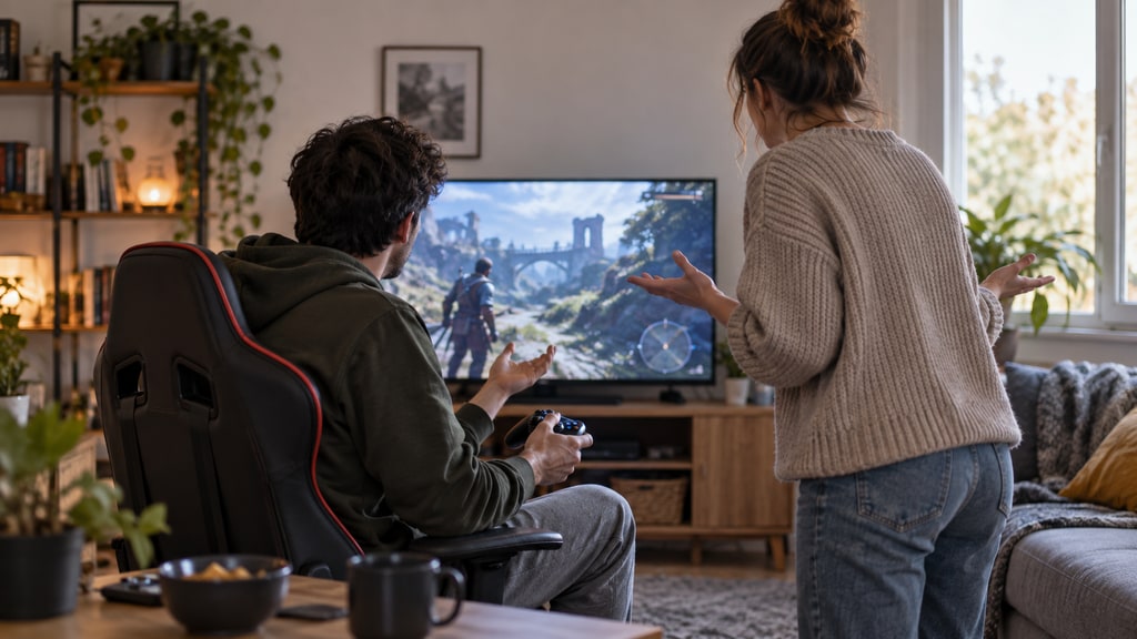 A seated person holds a game controller while another stands beside them gesturing toward a television displaying a fantasy video game.