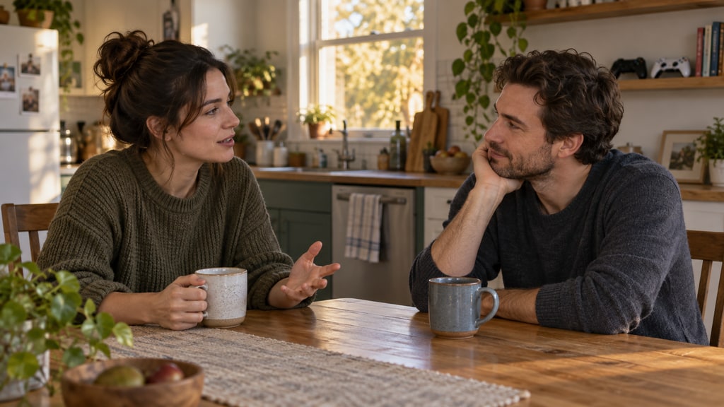 Two adults sit across a wooden kitchen table with mugs; one gestures while speaking as the other rests his head on one hand. Controllers sit on a shelf behind them.