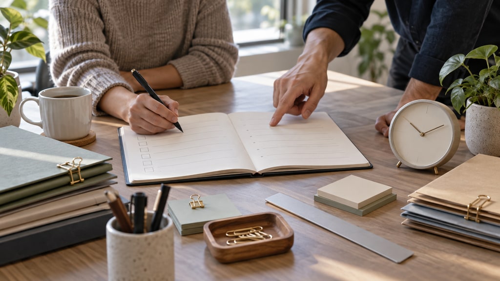 Two people review an open checklist notebook on a wooden desk, with one writing and the other pointing beside office supplies and a clock.