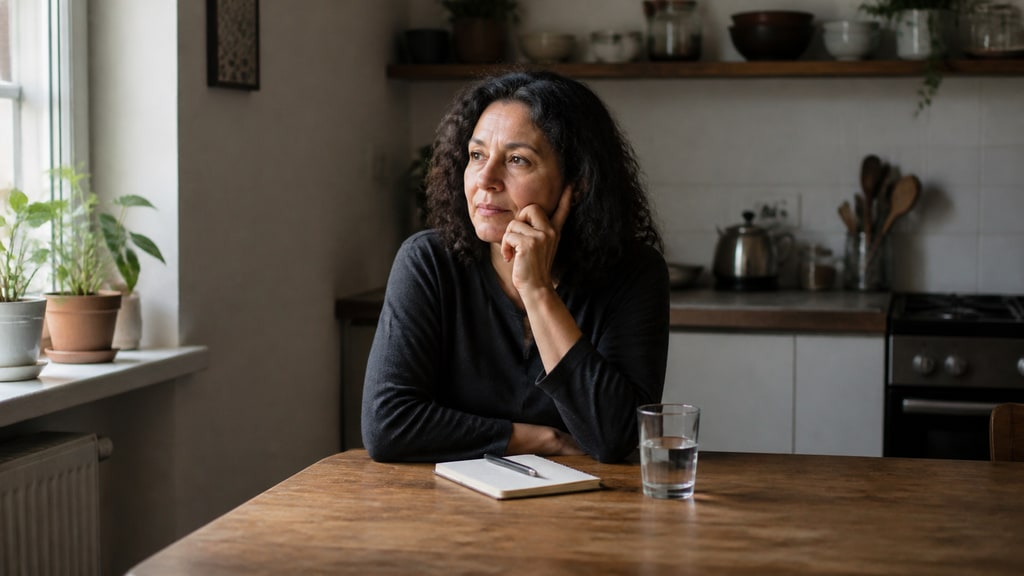 A person sits at a kitchen table with a notebook and a glass of water in soft morning light.