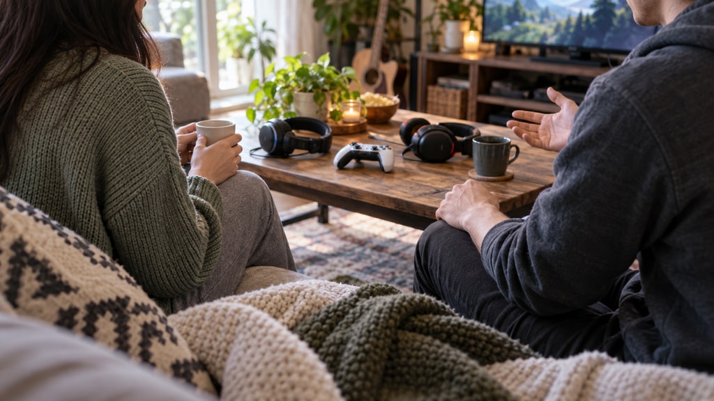 Two face-cropped adults sit with mugs beside a coffee table holding a game controller and two headsets; one gestures while speaking.