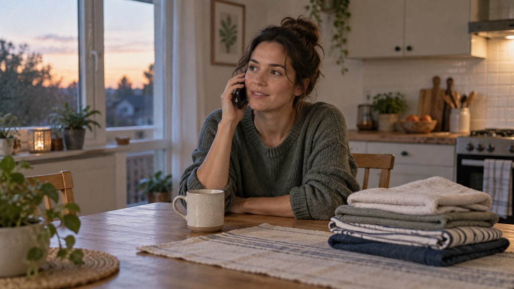 An adult takes a phone call at a kitchen table beside a mug and folded laundry.
