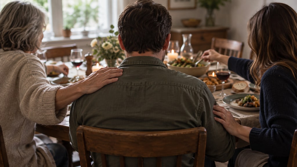 Three adults seated around a dining table, with two women on either side resting hands on the shoulders and arm of a man facing away.