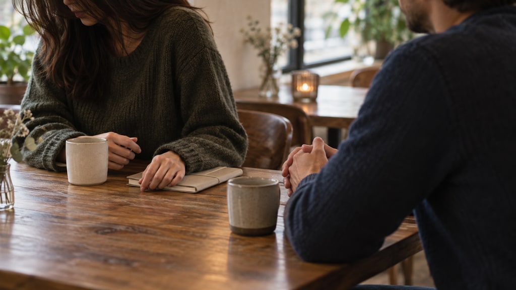 Two partially cropped people sit across a wooden table with ceramic mugs and a closed notebook, one looking downward while the other clasps their hands.
