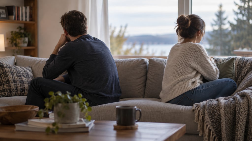 Two adults sit facing away from each other on a sofa in a naturally lit living room, with a coffee table in the foreground.