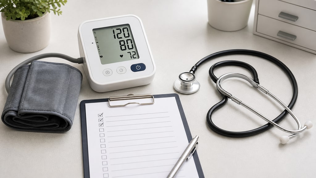 A stethoscope, blood pressure monitor and symptom checklist sit on a clinic desk in bright light.