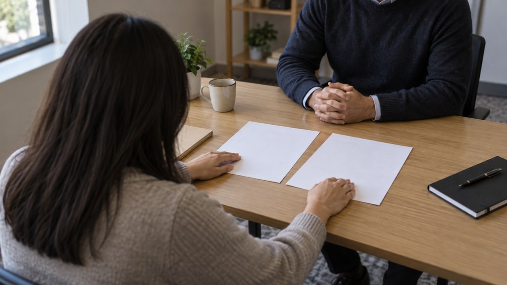 Two adults sit across a wooden office table with two blank sheets laid side by side, a slim folder, notebook, pen, mug and small plant nearby.