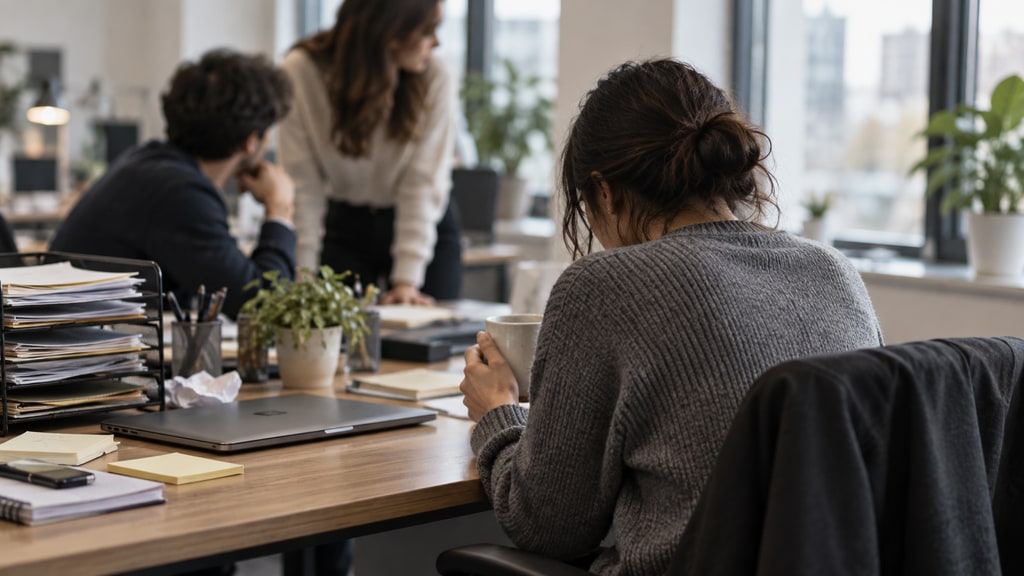 Office worker seen from behind holding a mug at a shared desk while two blurred coworkers confer in the background.