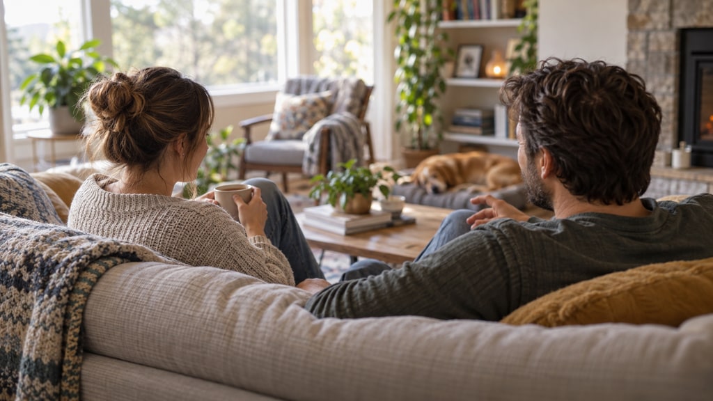 Two adults sit on a sofa in a naturally lit living room, one holding a mug while the other gestures during a conversation.