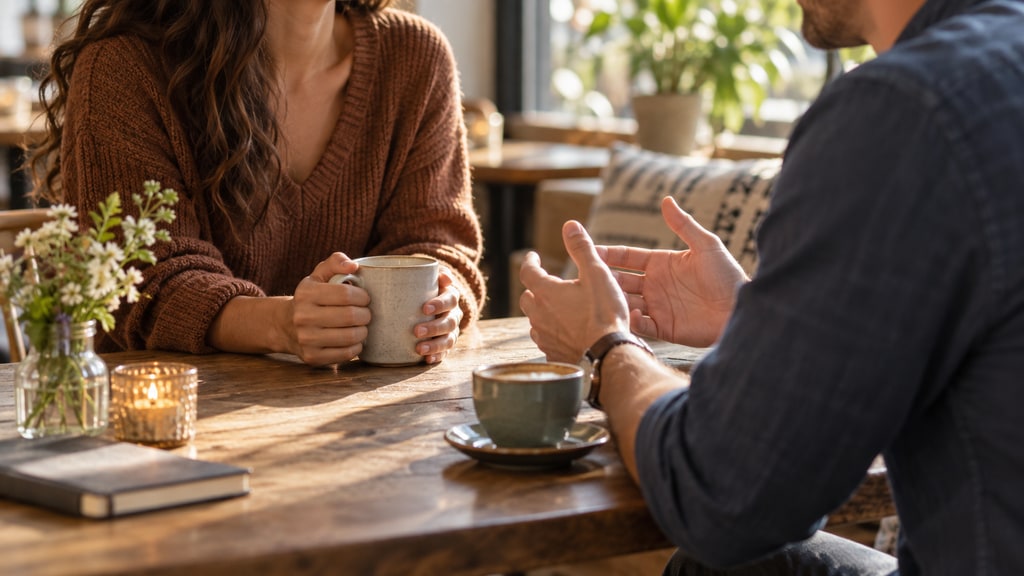 Two people sit across a wooden café table holding coffee mugs while one gestures with both hands in warm natural light.