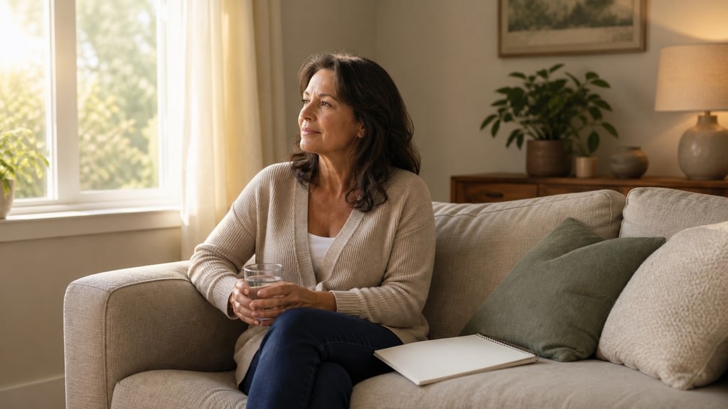 A woman sits on a couch beside an empty notebook, looking toward a window in soft morning light.