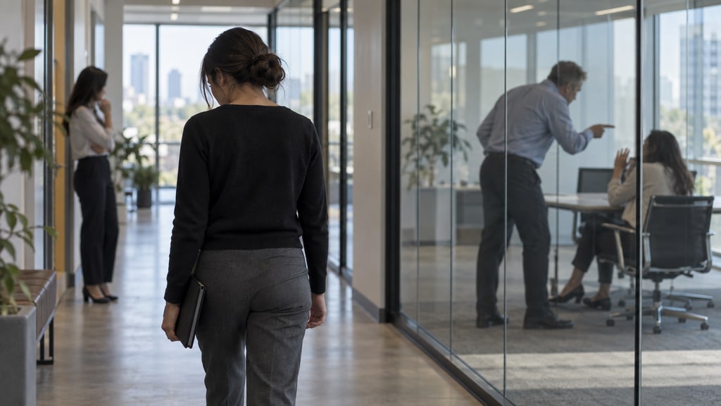 A woman carrying a folder walks down an office corridor while, behind glass, a standing man points toward a seated woman with one hand raised.