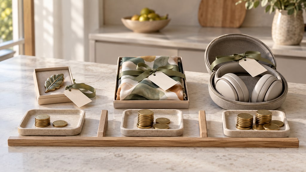 Three coin-filled trays separated by wooden dividers sit beside a leaf brooch, a wrapped scarf, and headphones in a sunlit kitchen.