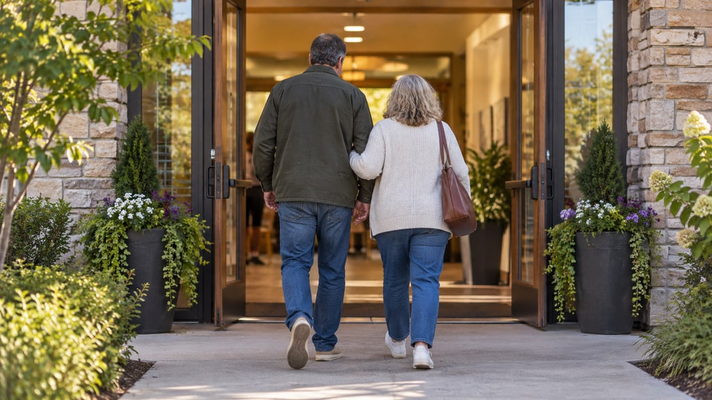 Two adults viewed from behind walk arm in arm through open glass doors into a warmly lit building entrance.