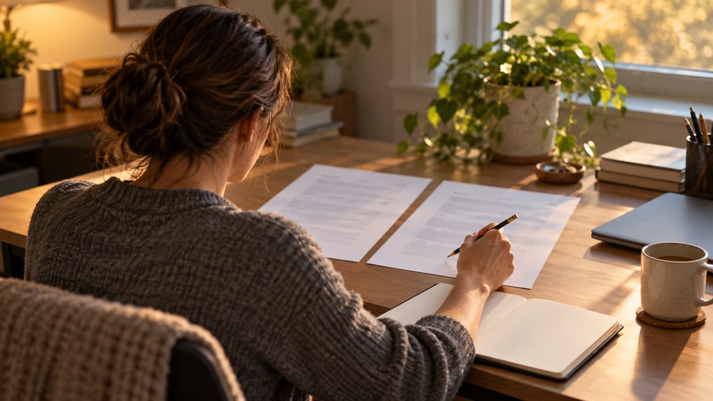 Over-the-shoulder view of a seated worker holding a pencil above two blurred documents beside an open notebook on a sunlit desk.
