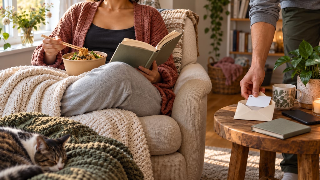 A seated person reads while eating from a bowl as another person places a blank card into an envelope on a nearby table; a cat sleeps on a blanket.