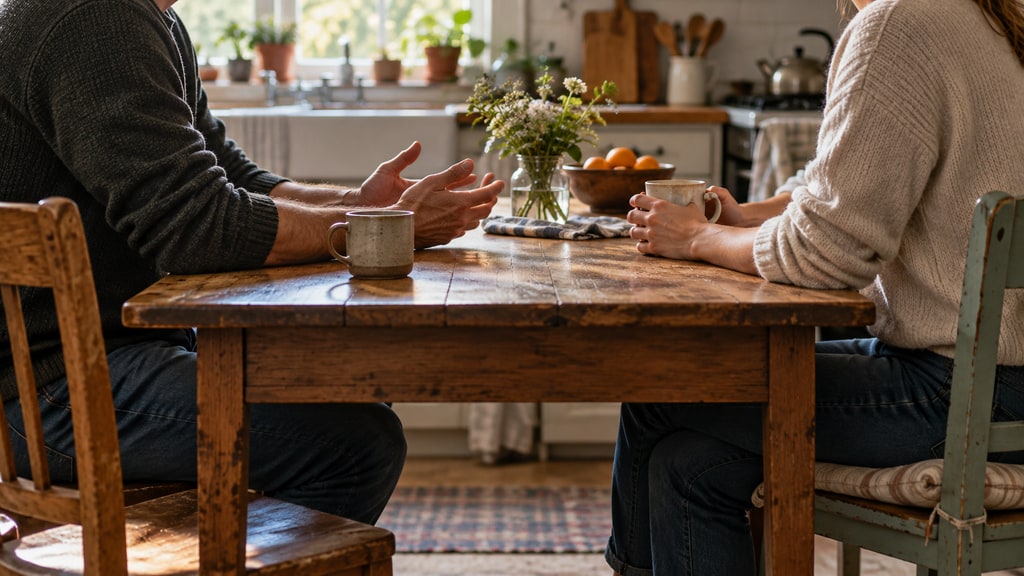 Two adults with faces out of frame sit across a wooden kitchen table, one gesturing with open hands and the other holding a mug.
