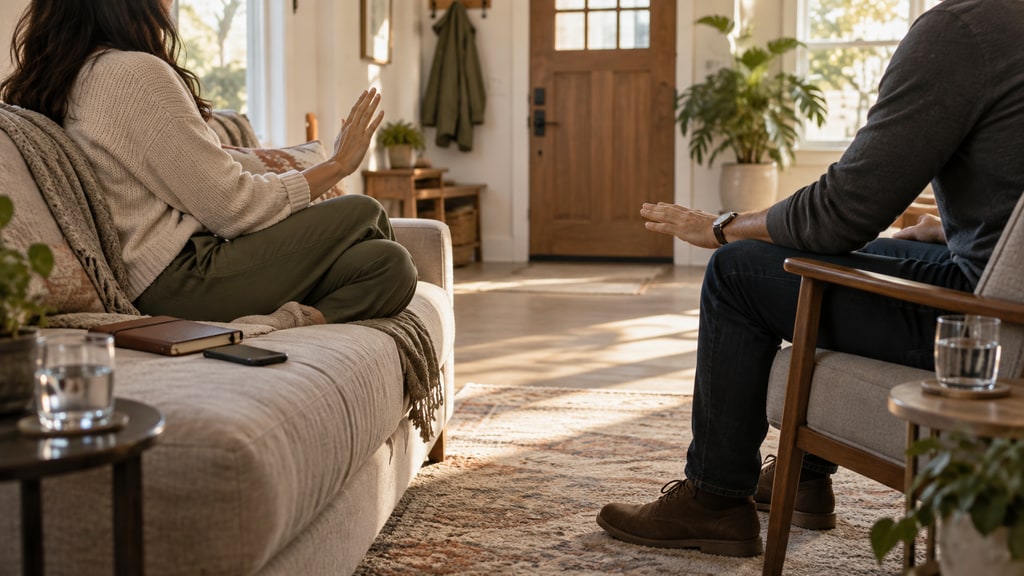 Two partially seen people sit across from each other in a sunlit living room, one raising an open hand while the other gestures palm-down.