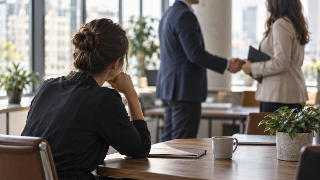 A seated woman watches two standing office workers shake hands beside a conference table in a naturally lit workspace.