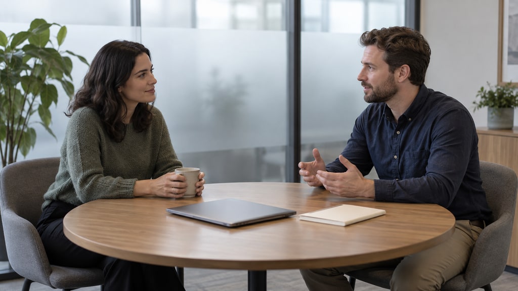 Two adults sit at a round meeting-room table, one holding a mug while the other gestures, with a closed laptop and notebook between them.