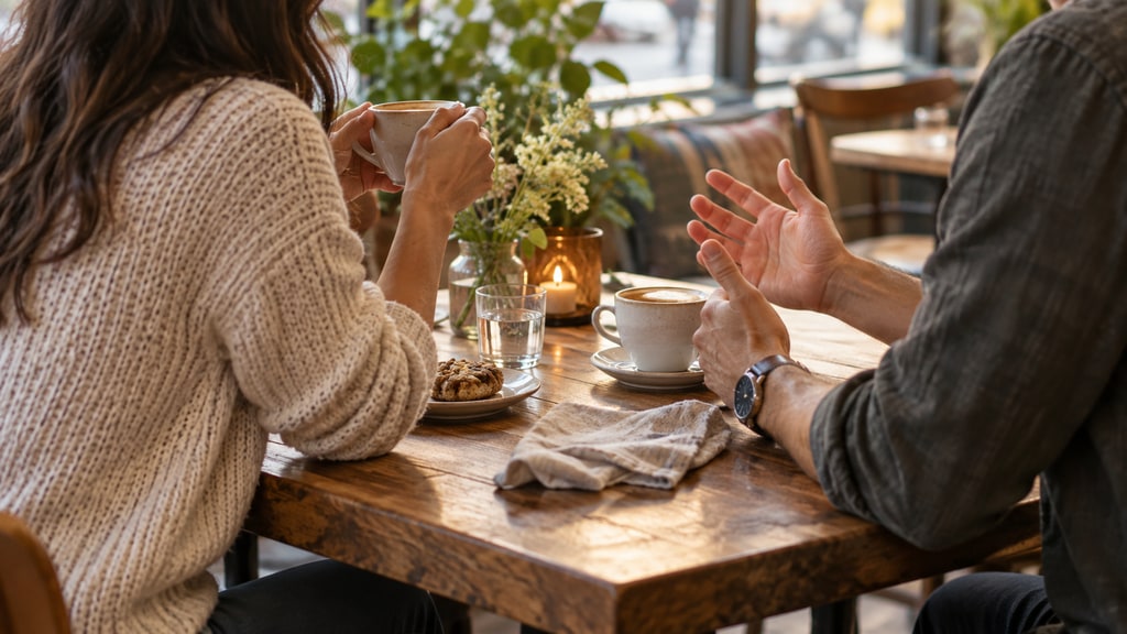 Two people seated across a wooden café table hold coffee and gesture during conversation, with cups, water, flowers and a candle between them.
