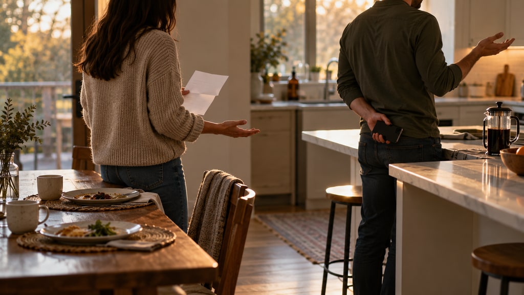 Two adults stand apart in a sunlit kitchen; one holds a sheet of paper and gestures while the other gestures with one hand and conceals a phone behind his back.