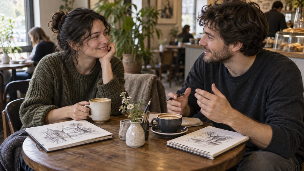 Two people sit at a café table with coffee cups and sketchbooks.