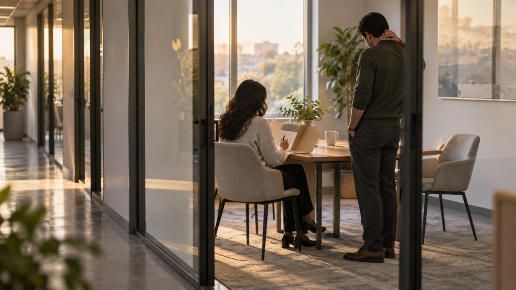 A seated person writes beside an open laptop while another person stands nearby in a glass-walled office meeting room.