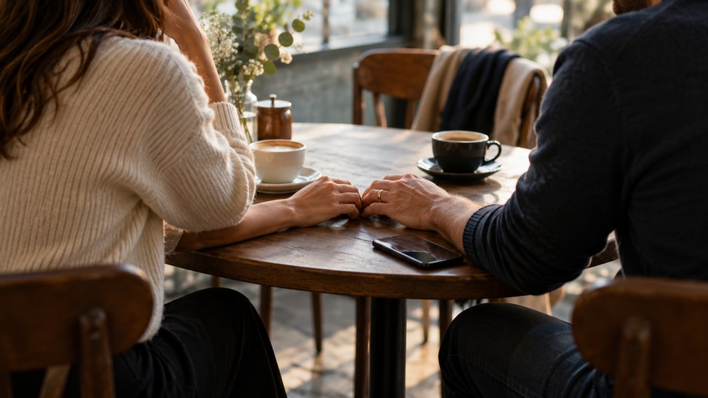 Two partially seen people sit across a wooden café table, touching hands beside two coffee cups and a smartphone.