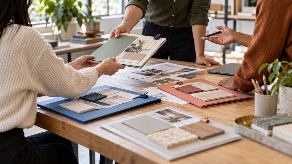 Three people review material samples, photographs, and presentation boards around a wooden worktable in a naturally lit studio.