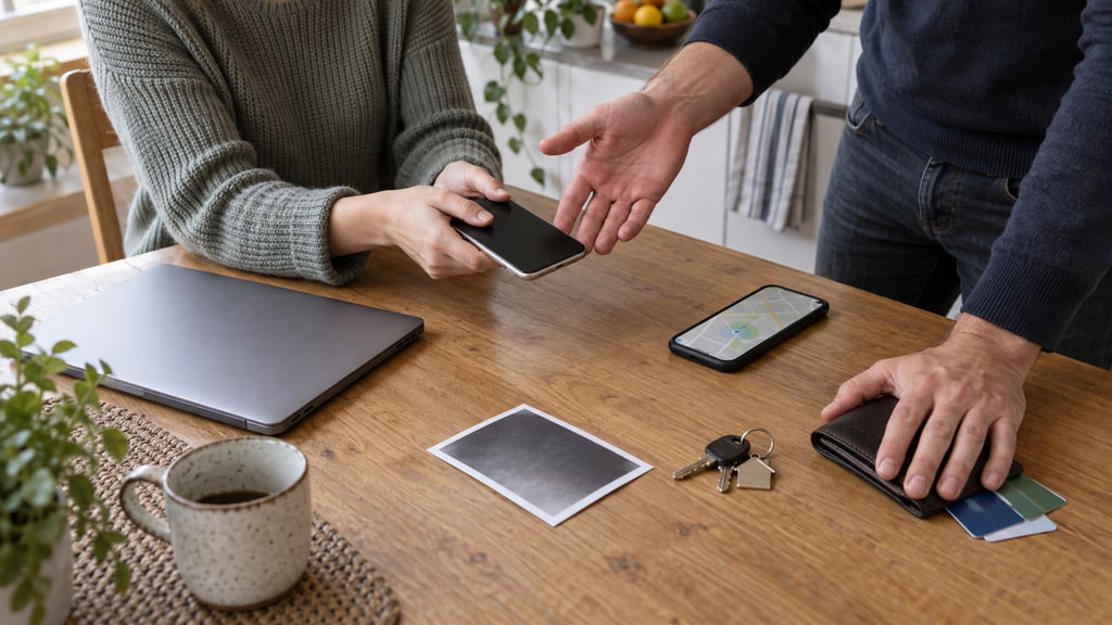 Two people exchange a smartphone across a kitchen table holding a second phone with a map, a closed laptop, keys, a wallet, and bank cards.