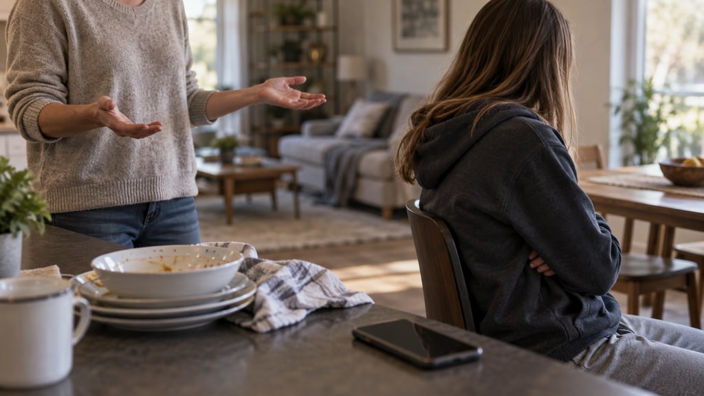 Standing adult gestures with open hands toward a seated young person with folded arms at a kitchen table with dishes and a phone.