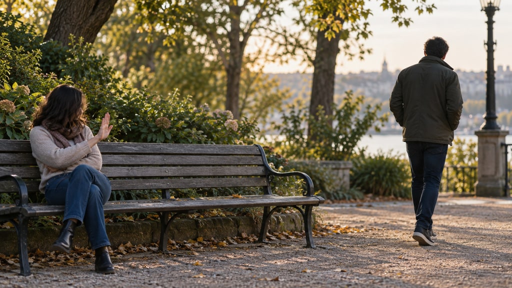A seated woman raises an open hand toward a man walking away along a tree-lined park path.