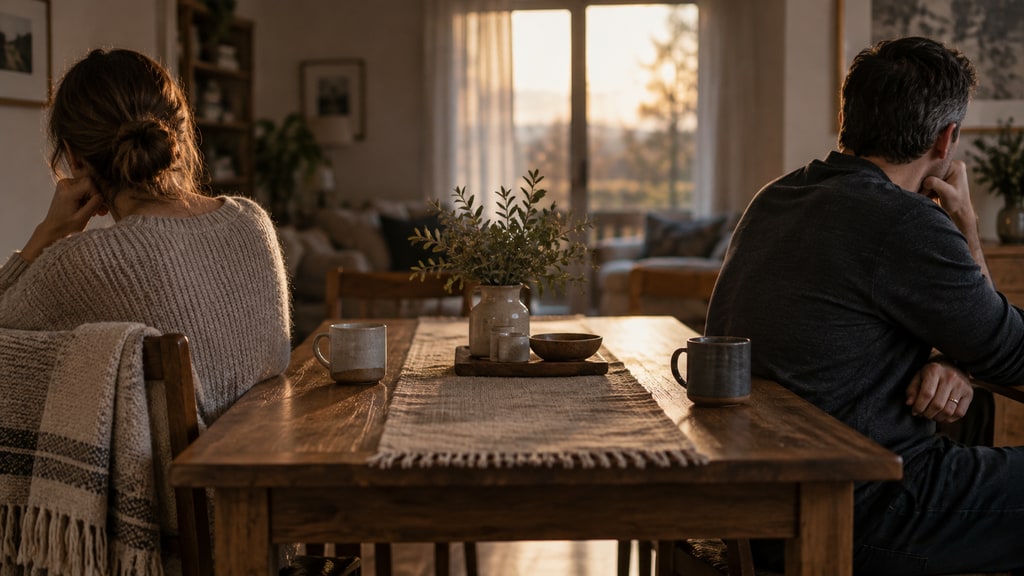 Two adults sit turned away from each other at opposite sides of a wooden dining table in a softly lit home.