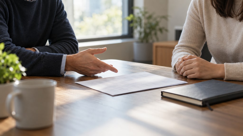 Two people sit across a wooden table, one gesturing toward a blank document while the other rests clasped hands beside a closed notebook.