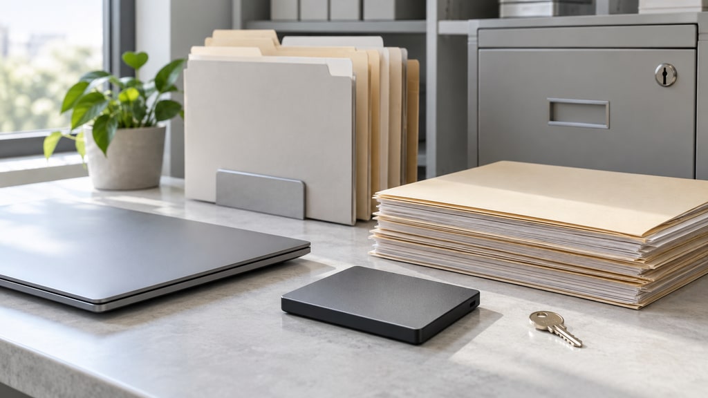 File folders, stacked documents, an external drive, a key, and a closed laptop arranged beside a locking office cabinet.