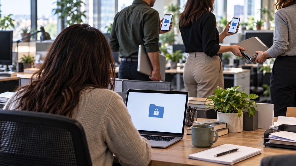 A seated office worker faces a laptop showing a locked folder icon while three standing colleagues hold phones and exchange a document behind her.