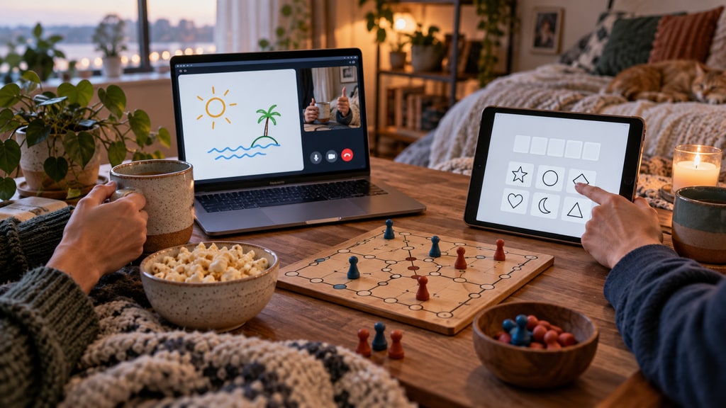 Two people use a laptop and tablet beside a wooden board game, snacks and drinks in a softly lit bedroom.