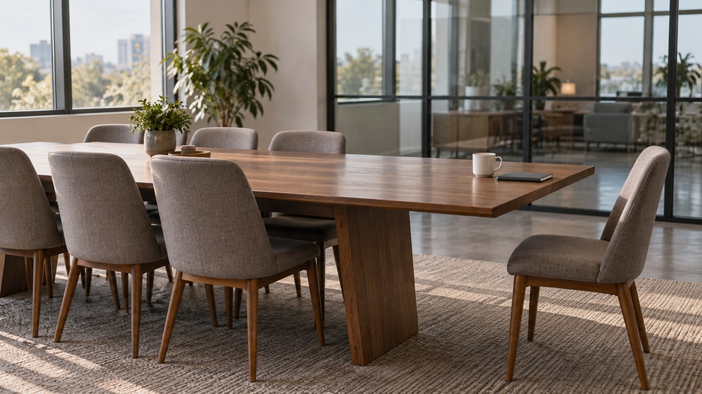Empty office conference room with chairs around a long wooden table and one chair positioned apart at the far end.