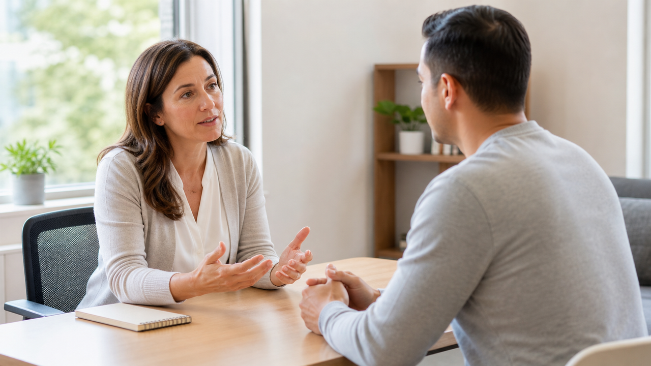 Two adults talking across a desk in a calm consultation setting.