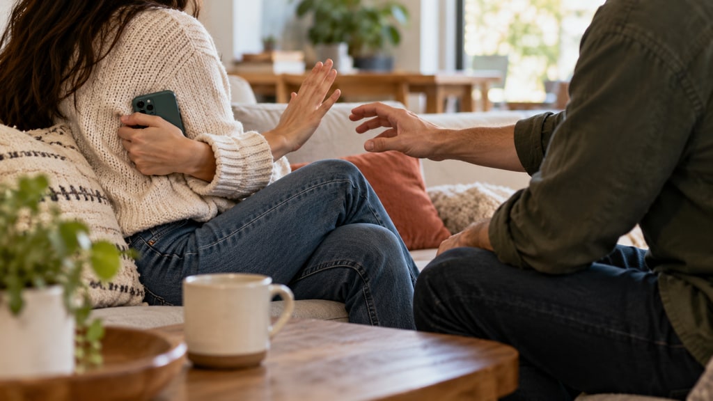 Two seated adults face each other on a sofa; one holds a phone close while raising an open hand as the other reaches toward them.