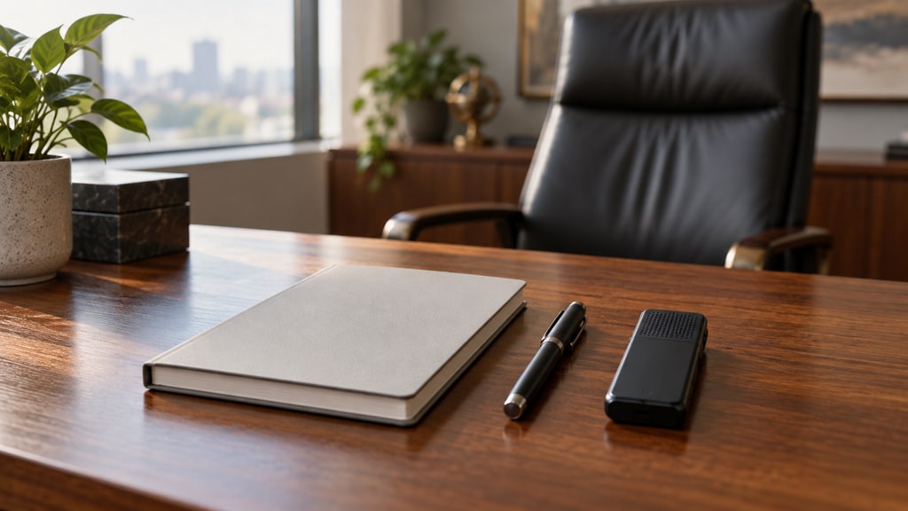 Closed notebook, pen, and small black voice recorder arranged on a wooden office desk in front of an empty leather chair.