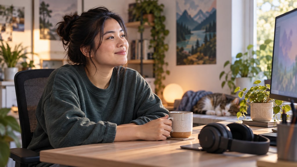 A woman sits at a wooden desk holding a mug beside headphones and a computer monitor, with plants and a resting cat nearby.
