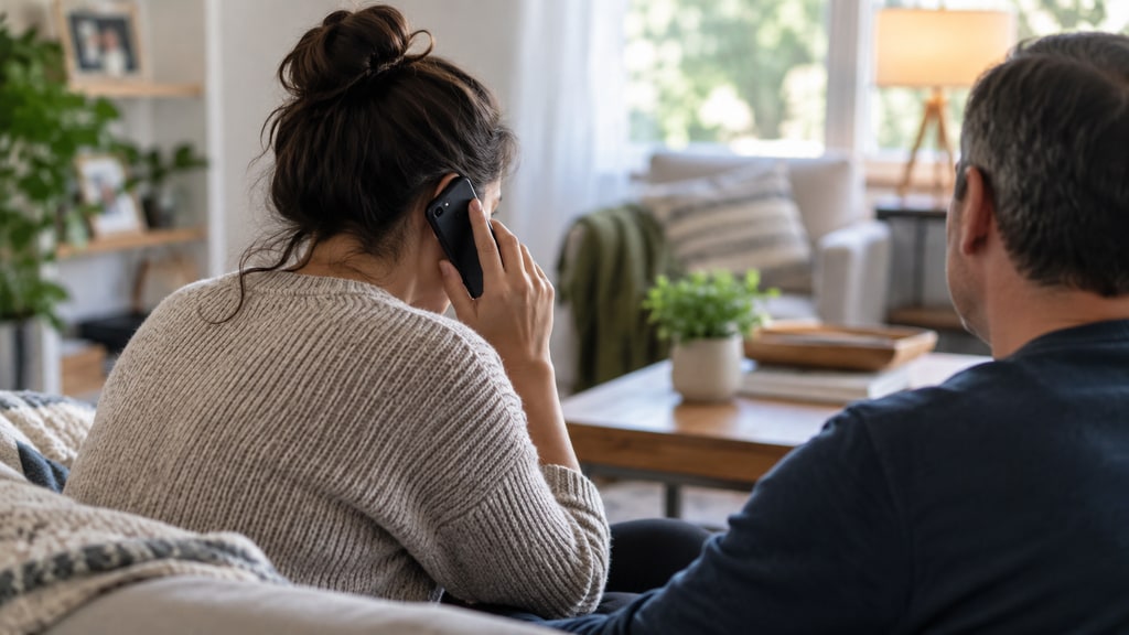 An adult seen from behind holds a phone to her ear while seated on a sofa beside another adult in a living room.