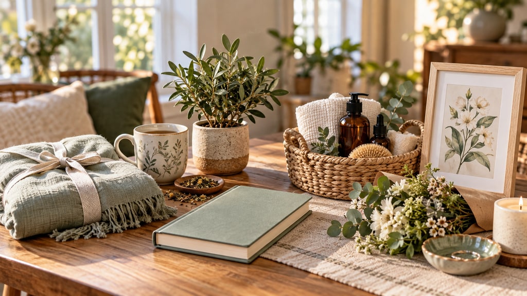 Gift arrangement on a wooden table with a tied blanket, botanical mug, journal, potted plant, bath products, framed floral art, flowers, and candle.