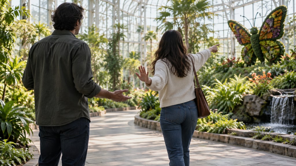 Two people seen from behind gesture toward a large floral butterfly sculpture inside a sunlit conservatory.