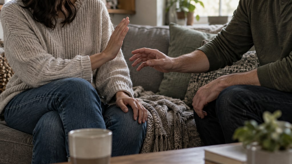 Two seated adults face each other on a sofa; one raises an open hand while the other extends a hand toward them.
