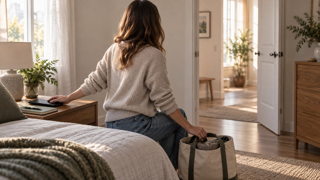 A person seen from behind lifts a packed canvas tote beside a bed while reaching toward a phone on a bedside table.